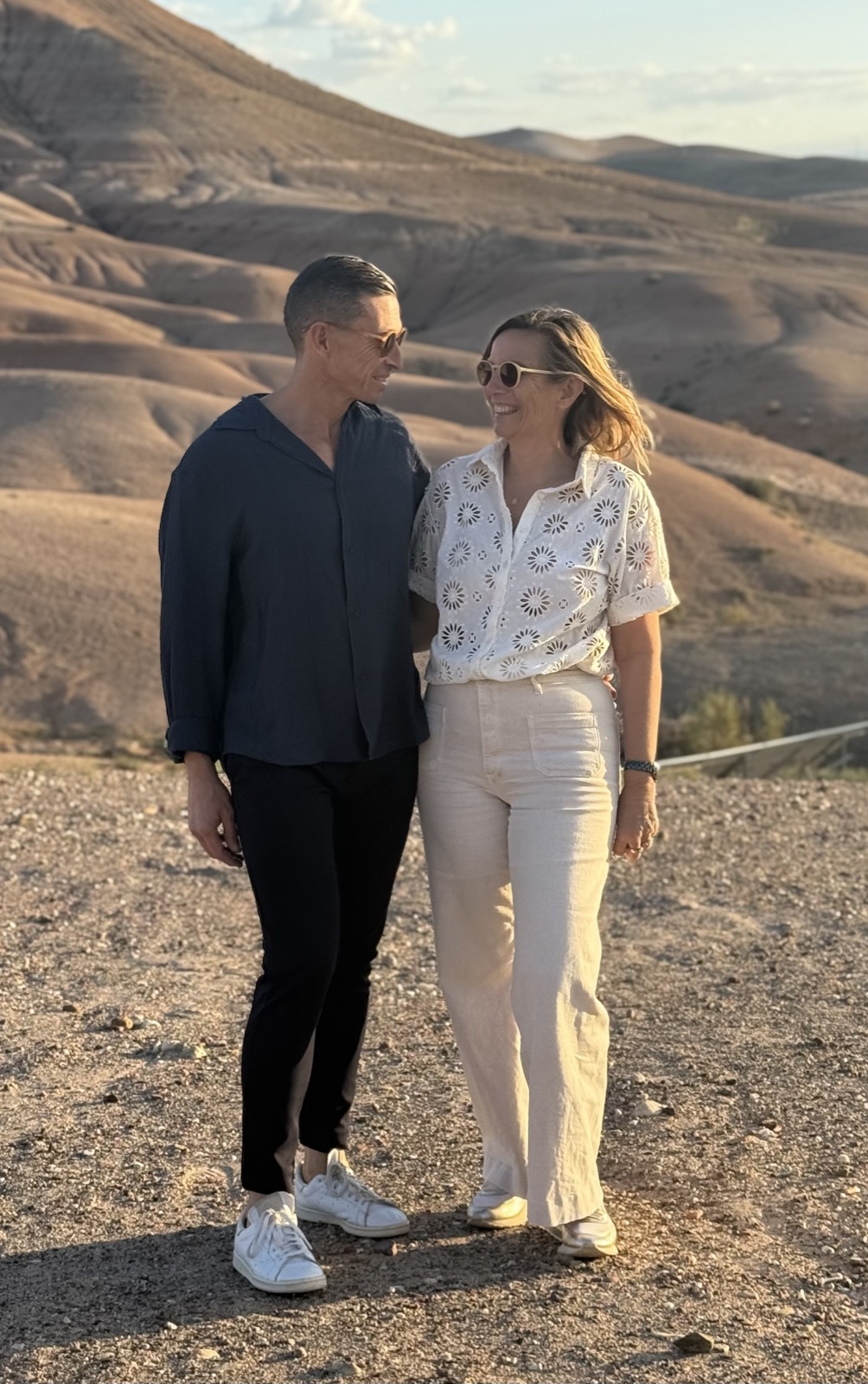Laurence and Mathias, the hosts of YZIA Marrakech, in the Agafay desert